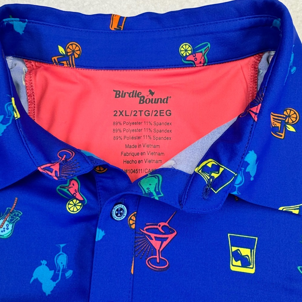 Birdie Bound Polo Shirt Men 2XL Blue Excellent Cocktail Print Performance Golf‎